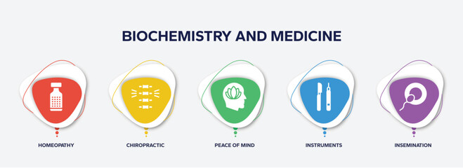 infographic element template with biochemistry and medicine filled icons such as homeopathy, chiropractic, peace of mind, instruments, insemination vector.