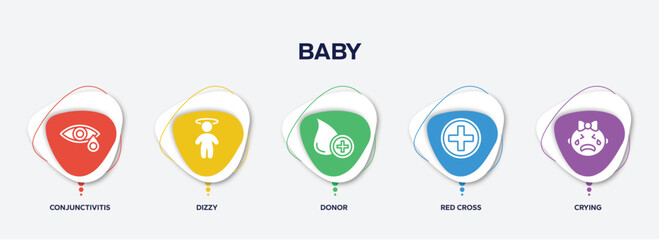 infographic element template with baby filled icons such as conjunctivitis, dizzy, donor, red cross, crying vector.