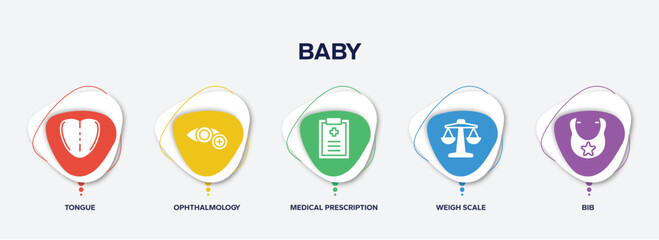 infographic element template with baby filled icons such as tongue, ophthalmology, medical prescription, weigh scale, bib vector.