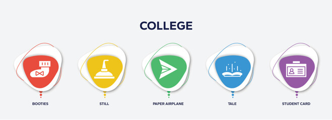 infographic element template with college filled icons such as booties, still, paper airplane, tale, student card vector.