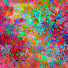 Vibrant neon colors abstract brush-painted layered pattern with mixed chaotic transparent blots, spots and smudges
