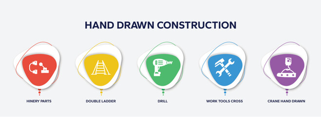 infographic element template with hand drawn construction filled icons such as hinery parts, double ladder, drill, work tools cross, crane hand drawn tool vector.