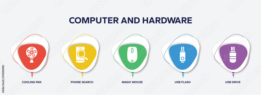 Poster infographic element template with computer and hardware filled icons such as cooling fan, phone sear