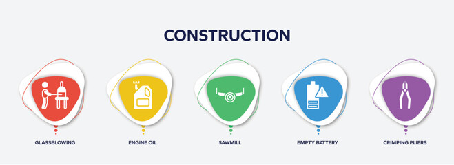 infographic element template with construction filled icons such as glassblowing, engine oil, sawmill, empty battery, crimping pliers vector.