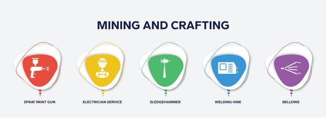 infographic element template with mining and crafting filled icons such as spray paint gun, electrician service, sledgehammer, welding hine, bellows vector.