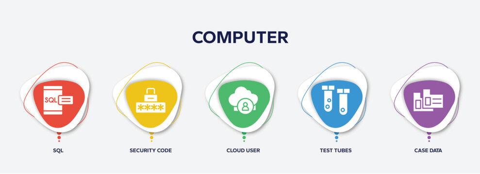 infographic element template with computer filled icons such as sql, security code, cloud user, test tubes, case data vector.