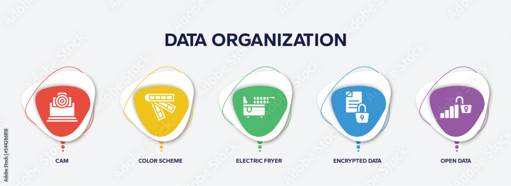 Poster infographic element template with data organization filled icons such as cam, color scheme, electric