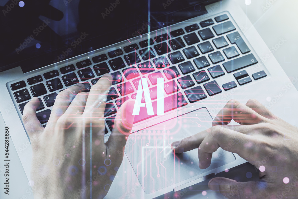 Poster creative artificial intelligence symbol concept with hands typing on computer keyboard on background