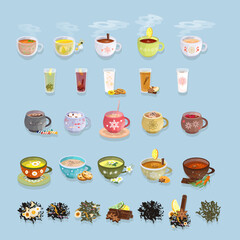 Hot drinks set. Collection of coffee, tea, grog, ouch, hot chocolate in cups with winter ornament. Restaurant, café menu items. Flat vector illustration.