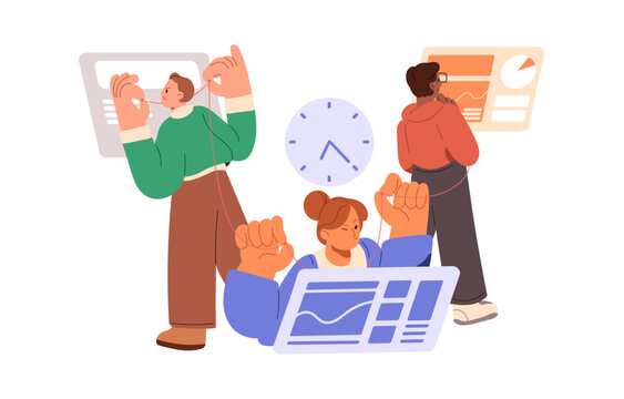 Time management and planning concept. Business team work under project with deadline. Teamwork process, connection between employees, manager. Flat vector illustration isolated on white background