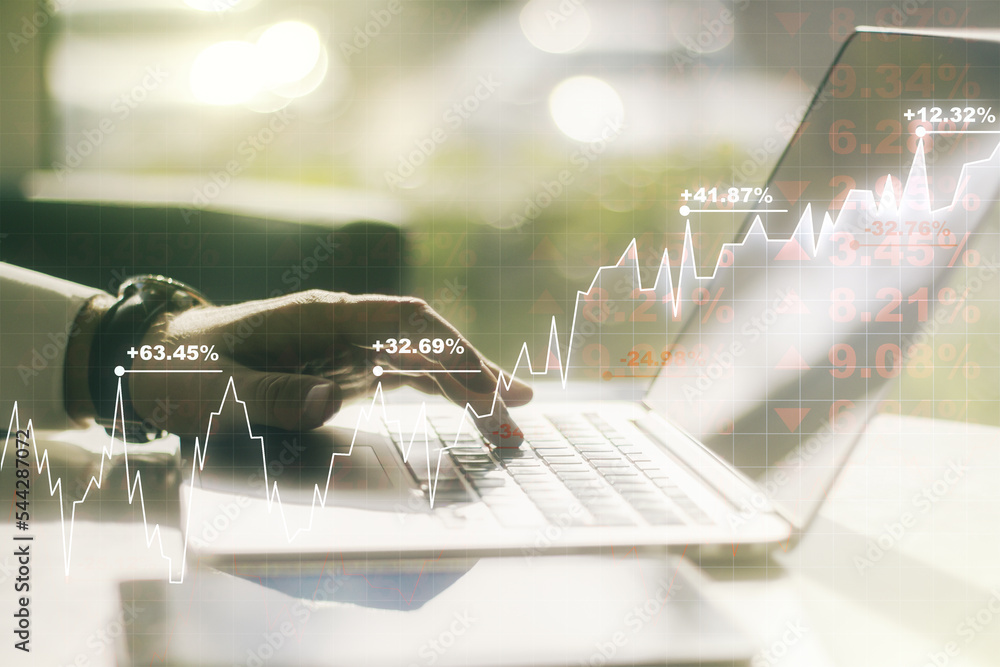 Poster multi exposure of abstract financial diagram with hand typing on computer keyboard on background, ba