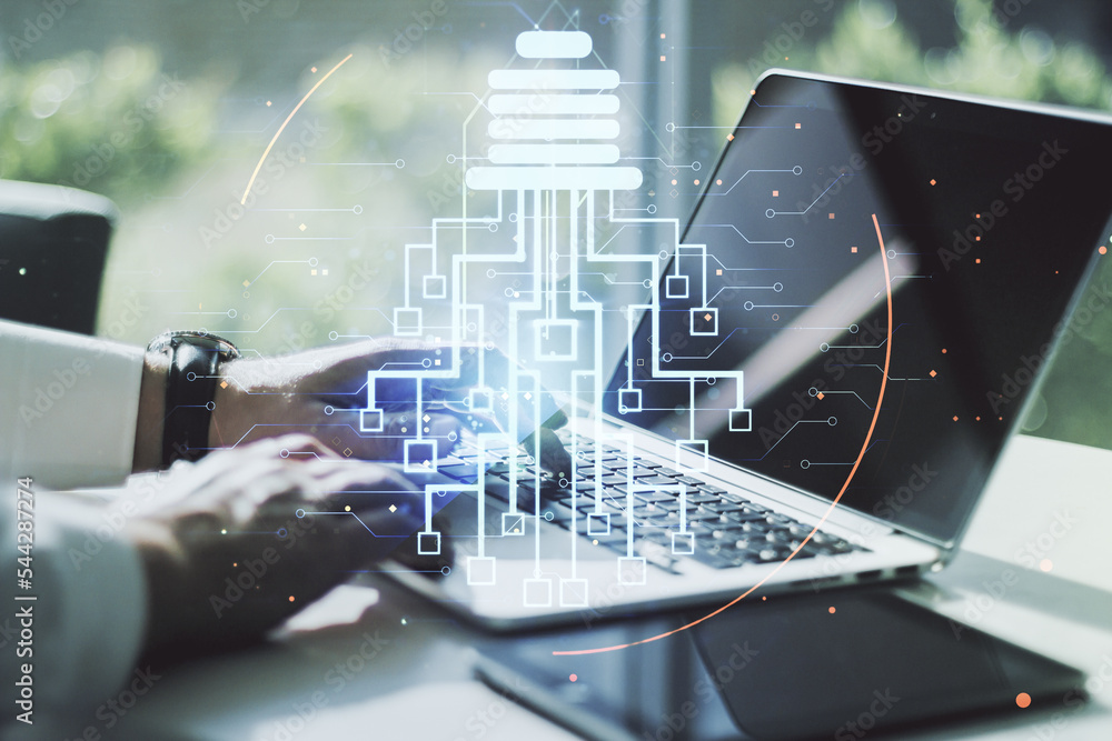 Poster creative light bulb with chip hologram and hands typing on computer keyboard on background, artifici