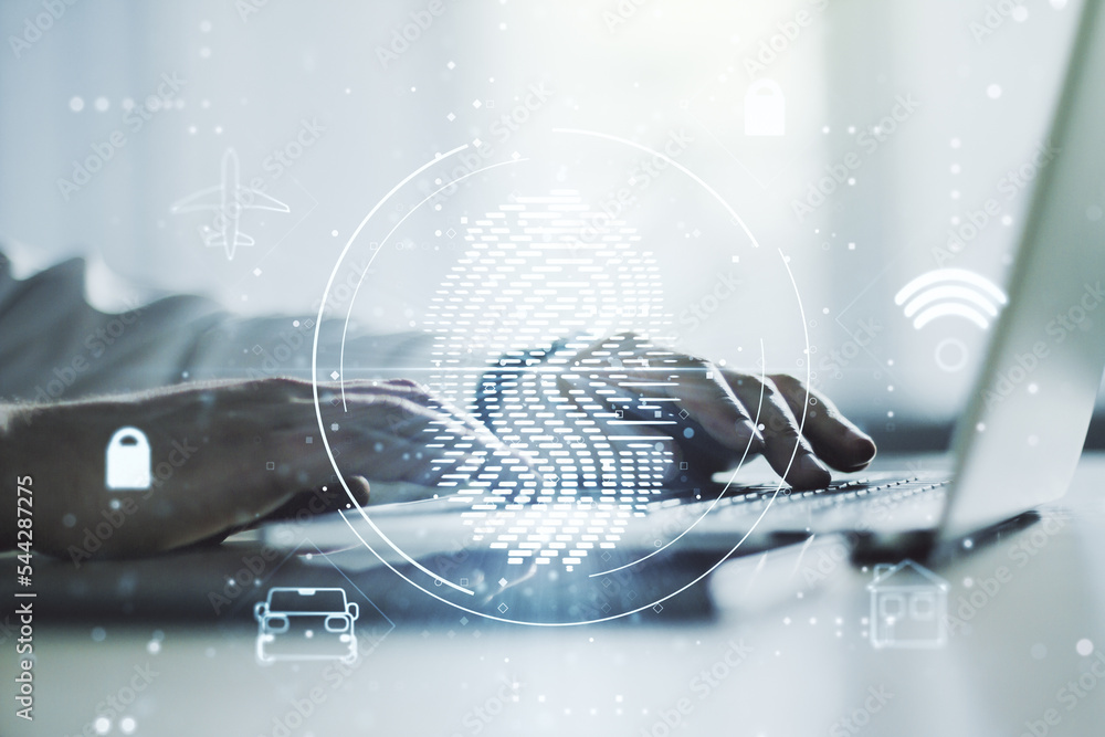 Poster multi exposure of creative fingerprint hologram with hands typing on computer keyboard on background