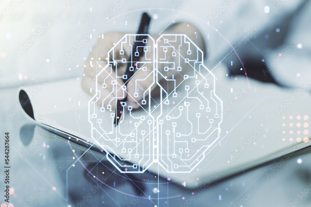 Poster double exposure of creative artificial intelligence symbol with man hand writing in notebook on back