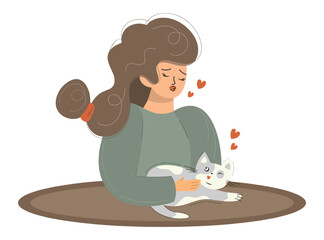 A woman gently strokes a kitten. The girl loves her funny cat and takes care of him. Hearts, kisses, love for animals. Modern vector illustration isolated flat style.