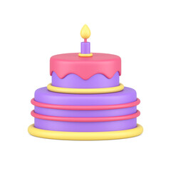 Birthday cake candy melting glaze with one burning candle anniversary celebration 3d icon