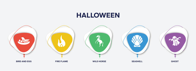 infographic element template with halloween filled icons such as bird and egg, fire flame, wild horse, seashell, ghost vector.