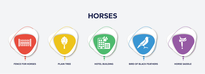 Fototapeta premium infographic element template with horses filled icons such as fence for horses jumps, plain tree, hotel building, bird of black feathers, horse saddle vector.