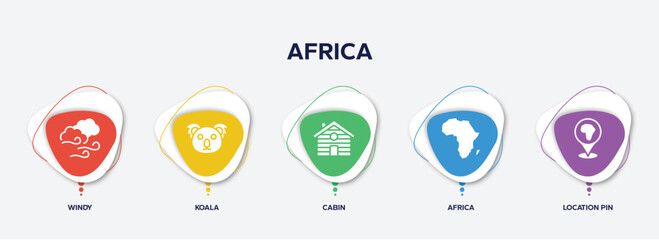 infographic element template with africa filled icons such as windy, koala, cabin, africa, location pin vector.