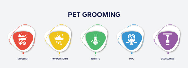 infographic element template with pet grooming filled icons such as stroller, thunderstorm, termite, owl, deshedding vector.