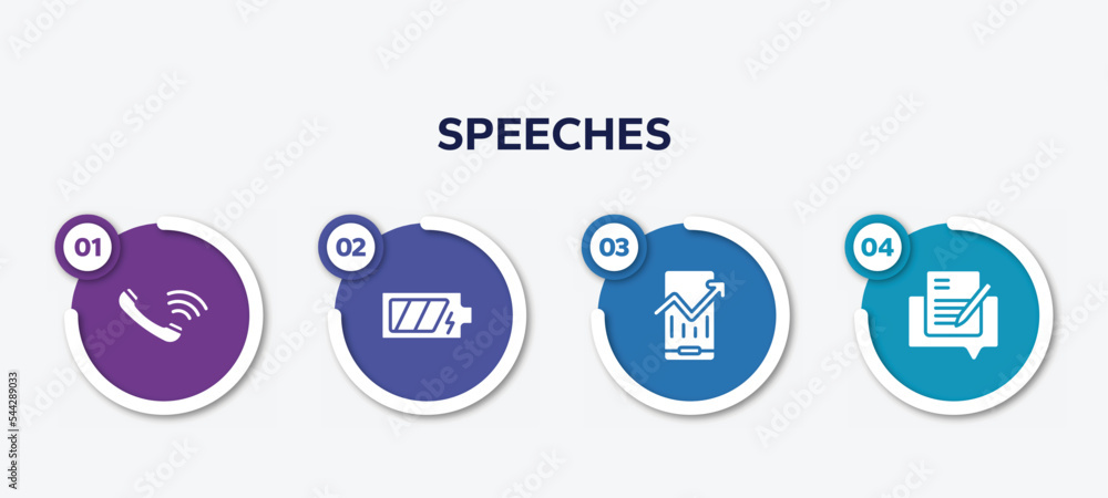 Poster infographic element template with speeches filled icons such as auricular of phone, phone battery, m