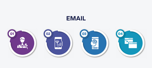 infographic element template with email filled icons such as journalists, connection, mobile analytics business tool, new window vector.