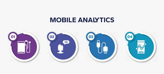 infographic element template with mobile analytics filled icons such as mobile phone with auriculars, chief, usb connector, mobile analytics tool vector.