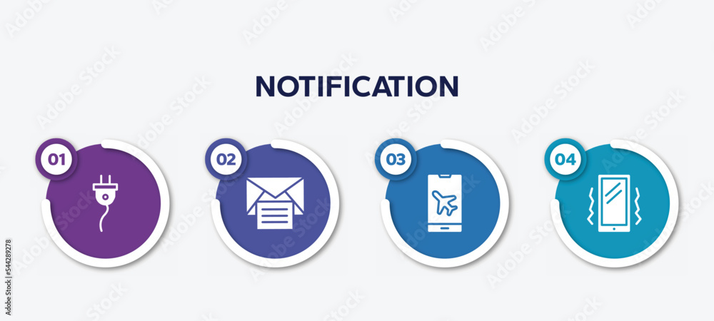Poster infographic element template with notification filled icons such as cord, open mail, airplane mode, 