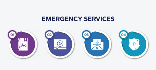 infographic element template with emergency services filled icons such as dictionary, video stream, incoming mail, police shield vector.