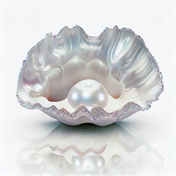Isolated iridescent colors oyster shell and pearl resting inside illustration with white background. 