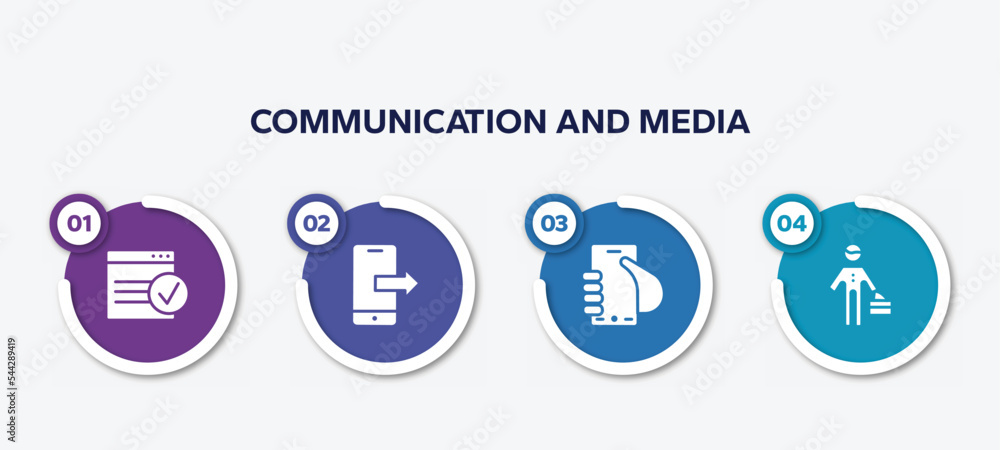 Aufkleber infographic element template with communication and media filled icons such as applications, smartph