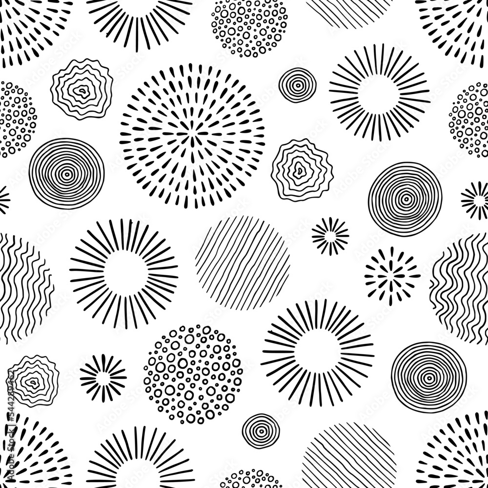 Poster hand drawn black, white circle seamless pattern. doodle style abstracrt textured scribble, stripped,