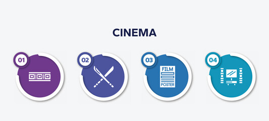 infographic element template with cinema filled icons such as filmstrip, hete, film poster, home cinema vector.