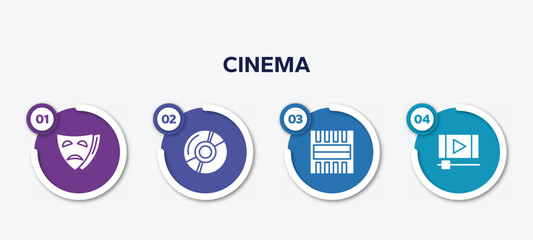 infographic element template with cinema filled icons such as tragedy, dvd, freeze frame, footage vector.