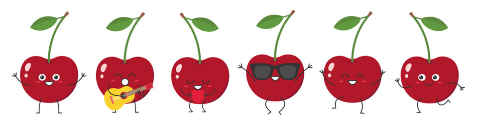Cherry set cute character cartoon juicy sweet fruit greeting jumping sings love running smiling face cheerful kawaii joy happy emotions icon vector illustration.