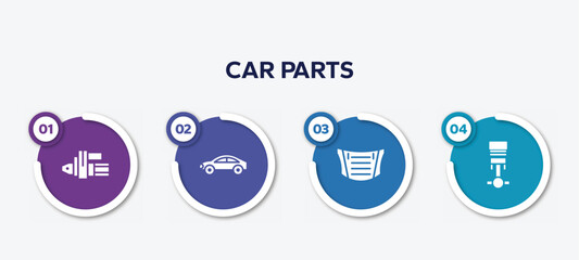 infographic element template with car parts filled icons such as car starter, car hard top, bonnet, piston vector.