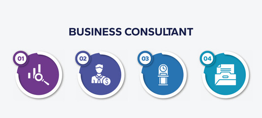 infographic element template with business consultant filled icons such as data analysis, banker, old watch, files and folders vector.