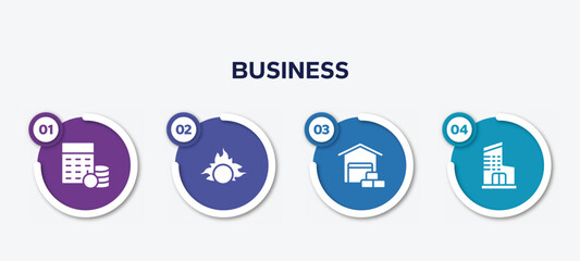 infographic element template with business filled icons such as budgeting, proof of burn, wholesaler, department vector.
