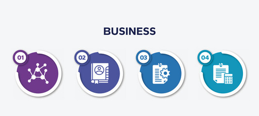 infographic element template with business filled icons such as decentralized, address book, instruction, estimate vector.