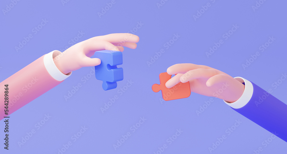 Poster two hand businessman holding people connecting jigsaw puzzle pieces brainstorming teamwork partnersh