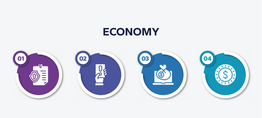 infographic element template with economy filled icons such as permission, penalty, bank online, dollar coin vector.