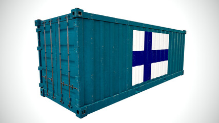 Isolated 3d rendering shipping sea cargo container textured with National Flag of Finland.