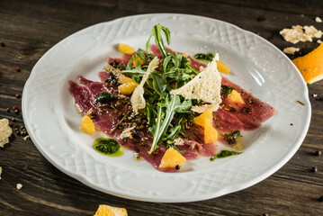 duck carpaccio with orange and pesto