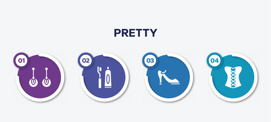 infographic element template with pretty filled icons such as two earrings, toothbrush and toothpaste, high heel shoe, women cor vector.