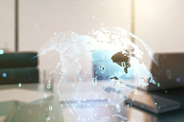 Multi exposure of abstract graphic coding sketch with world map and modern desktop with pc on background, big data and networking concept