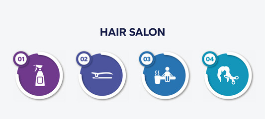 infographic element template with hair salon filled icons such as hair salon spray bottle and can, , sauna, female hair cut with scissors vector.