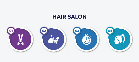 infographic element template with hair salon filled icons such as scissors opened tool, shaving foam, stopclock, ponytail hair vector.