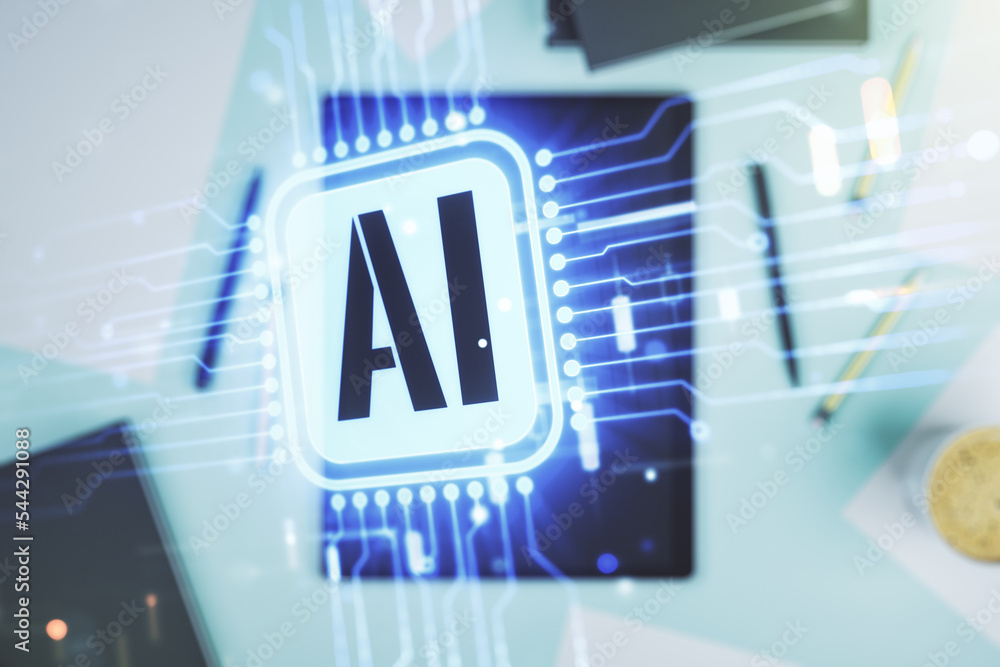Poster Double exposure of creative artificial Intelligence icon and digital tablet on background, top view. Neural networks and machine learning concept