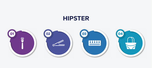 infographic element template with hipster filled icons such as make, hair iron, toe separator, hand bag vector.