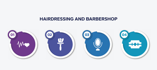 infographic element template with hairdressing and barbershop filled icons such as cardiogram, tint, mirrors, razorblade vector.